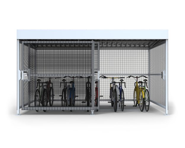 A Cyclehoop bike shelter with gate half open to clearly show half of the 10 parked bikes
