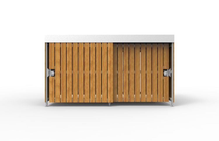 Wooden Cyclehoop Bike Shelter with front gate closed, securely parking up to bikes