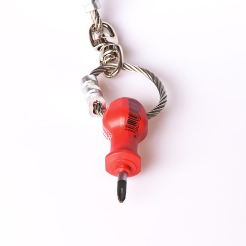 Short red colored screwdriver Cyclehoop Repair Stand attached to a metal wire