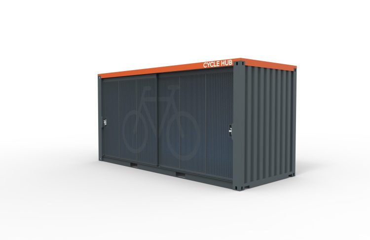 Side view of the Cyclehoop Container Cycle Hub with illustrative and written cycle parking signage