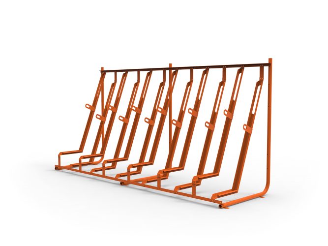 Side view of Cyclehoop's semi-vertical bike rack with an orange finish
