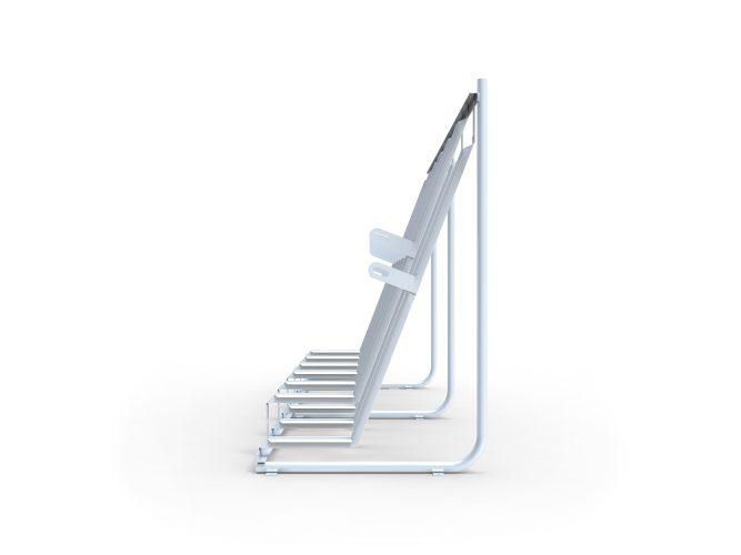 Side view of Cyclehoop's semi-vertical bike rack with a silver finish without any bikes parked