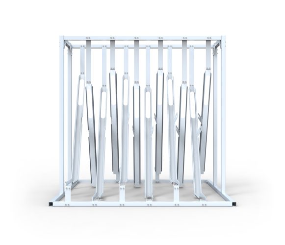 Empty view of the semi-vertical bike rack with single or double-sided options for high-capacity cycle parking