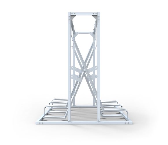 Side view of the double-sided Cyclehoop semi-vertical bike rack without any bikes parked