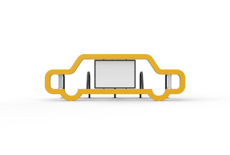 Bike parking spaces with yellow car signage attached to bike stands and a blank white board in the middle for advertisements of notices