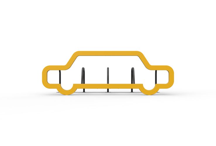 Front view of Cyclehoop's Car Port, a large yellow car shaped sign to advertise bike parking