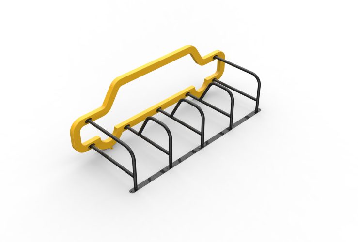 Side view of Cyclehoop's Car Port, 5 bike stands attached to a large yellow car shaped frame
