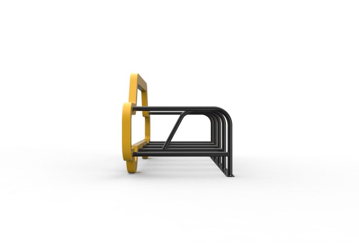 Left side view of Cyclehoop's Car Port, 5 bike stands attached to a large yellow car shaped frame