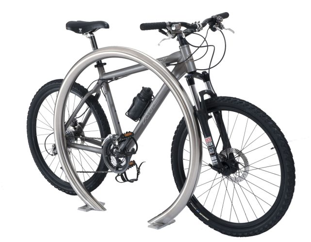 View of the O Ring Cycle Stand with a silver bike parked securely