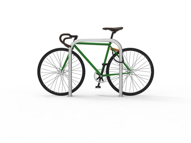 Sheffield Stand with green bike parked and locked, against a white background